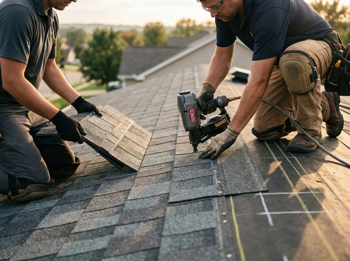 Professional roofer working on a residential roof in Brock Hall